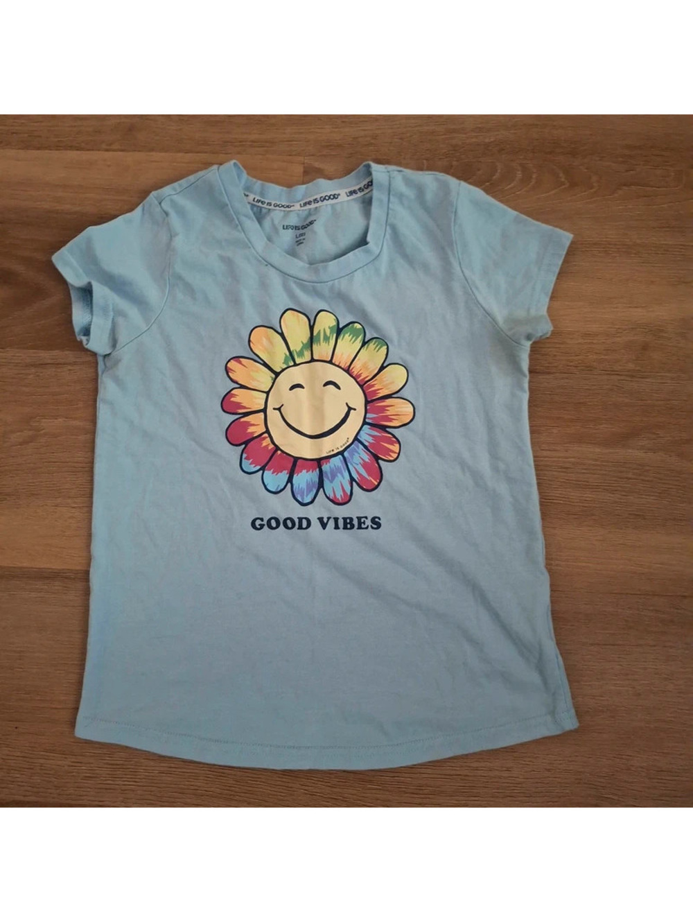 Life is Good "Good Vibes" Light Blue Smiley Flower T-Shirt - size L(12) girls